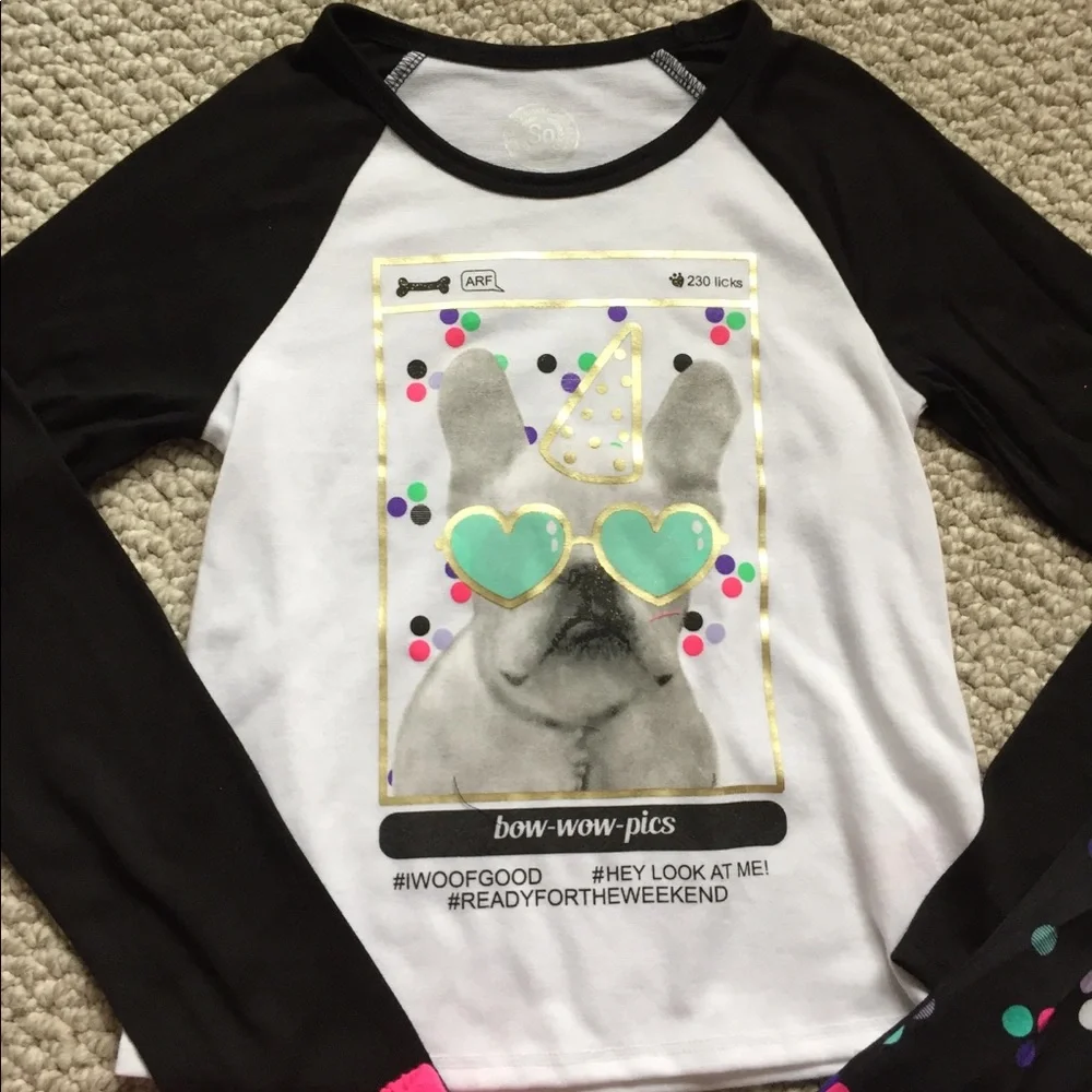 Girls 3 Piece Pajama Set Black Dot‎ Pants Pink Shorts Dog Top Outfit NWT